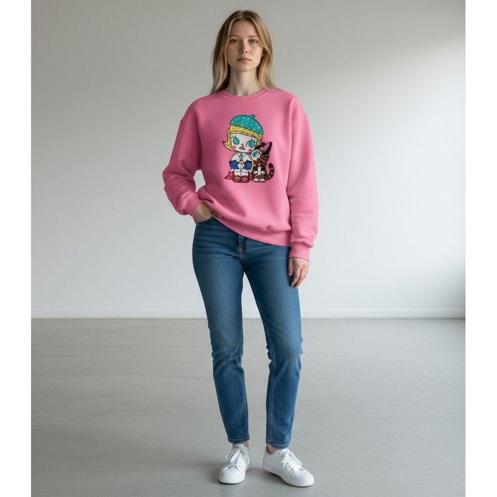 Denim Love Pink Embroidered Sweatshirt Small Barbiecore Loungewear Casual (Flaw)